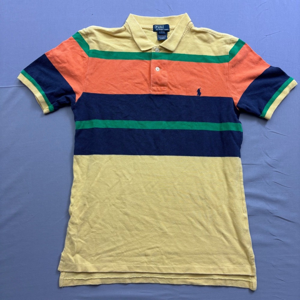 Polo Ralph Lauren Kids Striped Polo Shirt Large 14-16 Yellow Orange Navy Green